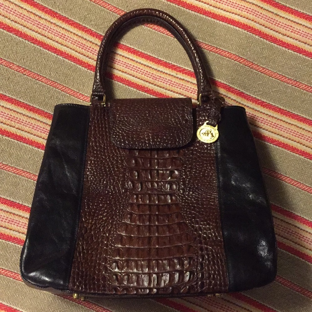 Brahmin Vintage Black and Brown Moc Croc Leather